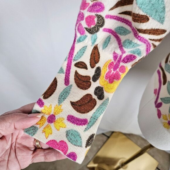 Talbots Boho Floral Merino Wool Puff Sleeve Sweater Medium Pink Blue Colorful - Picture 6 of 10